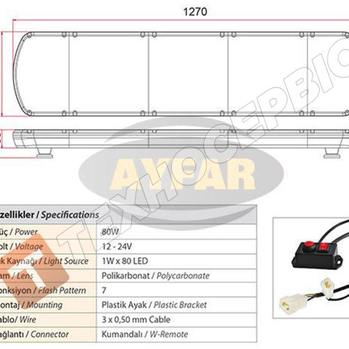 Световая панель проблесковая желтая 1270 мм AYFAR TR 104.41 на крышу авто